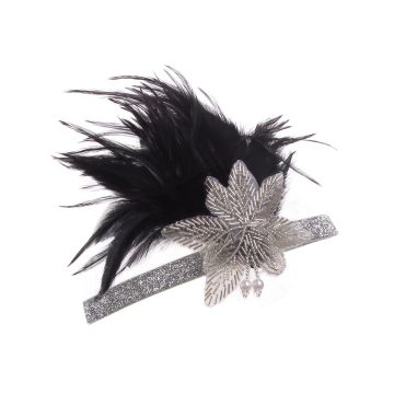 Adult 1920s Flapper Headband - Black Feather Gatsby Headpiece with Pearl Dangles
