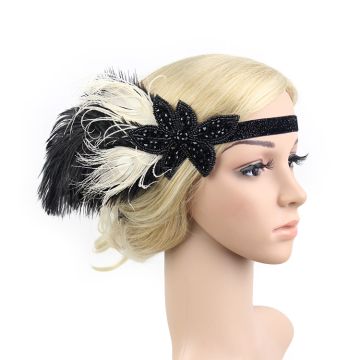 Black beaded 1920s flapper headband with cream ostrich feathers and peacock accents