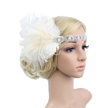 Adult 1920s Flapper Feather Headband - White Gatsby Bridal Headpiece