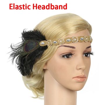 Adult 1920s Flapper Headband - Gold Beaded Feather Gatsby Headpiece