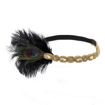 Adult 1920s Flapper Headband - Gold Beaded Feather Gatsby Headpiece