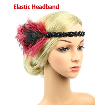 Adult 1920s Flapper Headband with Feathers - Black Beaded Great Gatsby Headpiece