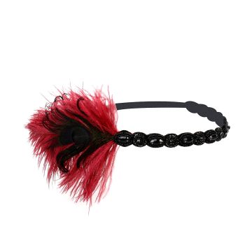 Adult 1920s Flapper Headband with Feathers - Black Beaded Great Gatsby Headpiece