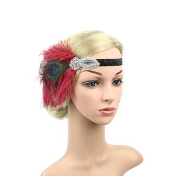 Women's 1920s Burgundy Feather Headband - Great Gatsby Flapper Headpiece