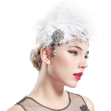 Adult 1920s Flapper Headband - White Feather & Rhinestone Great Gatsby Headpiece