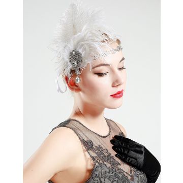 Adult 1920s Flapper Headband - White Feather & Rhinestone Great Gatsby Headpiece