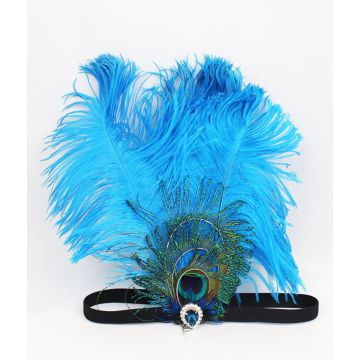 Adult 1920s Gatsby Headband - Blue Feather Flapper Hairpiece with Peacock Detail