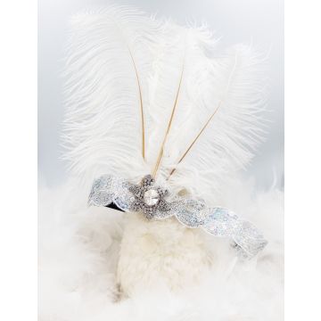 Adult 1920s Flapper Headband - White Feather Gatsby Headpiece with Crystal Brooch