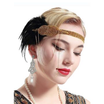Adult 1920s Flapper Headband with Feather and Gold Chain - Great Gatsby Headpiece