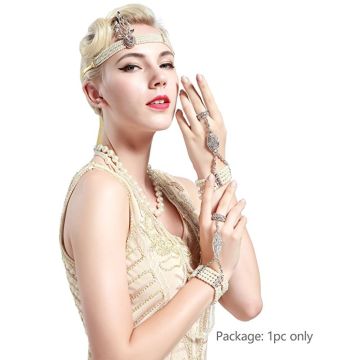 Women's 1920s Gatsby Hand Chain Bracelet - Art Deco Pearl & Rhinestone Hand Jewelry