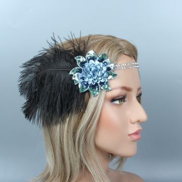 Black feather flapper headband with blue sequin appliqué and rhinestone elastic band