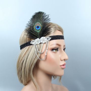 Adult 1920s Flapper Headband with Peacock Feather and Crystal Brooch