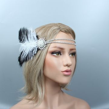 Adult 1920s Flapper Headband - Black & White Feather Gatsby Accessory