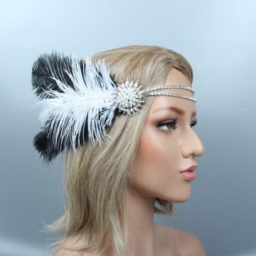 Adult 1920s flapper headband with black and white ostrich feathers and rhinestone brooch