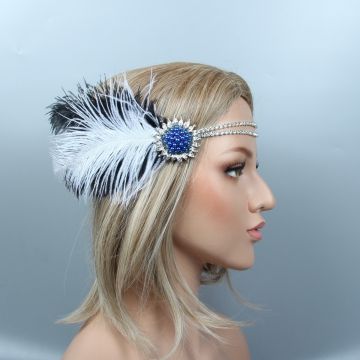 Adult 1920s Flapper Headband - Silver Rhinestone & Blue Feather Gatsby Band