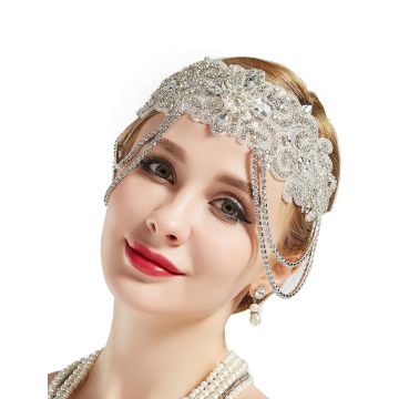 Adult 1920s Flapper Headband with Crystal Chains and Pearl Drop