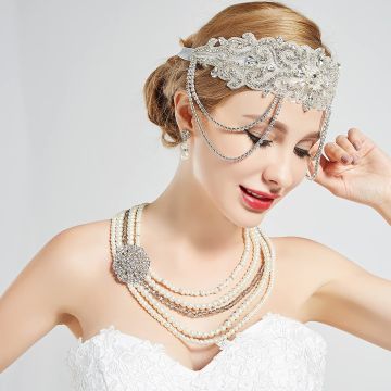 Adult 1920s Flapper Headband with Crystal Chains and Pearl Drop