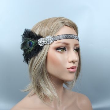Women's Silver Flapper Headband with Black Feathers and Peacock Eye