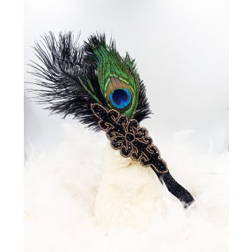Adult 1920s Flapper Headband - Black Gold Peacock Feather Gatsby Accessory