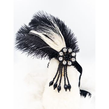 Adult Black & White Gatsby Feather Headband - 1920s Flapper Crystal Accessory