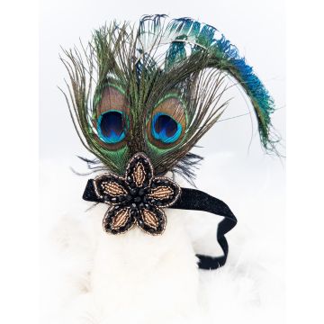 Adult 1920s Flapper Headband with Peacock Feathers - Black & Gold Art Deco Gatsby Accessory
