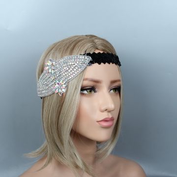 1920s flapper headband with Art Deco rhinestone fan panel on black elastic band