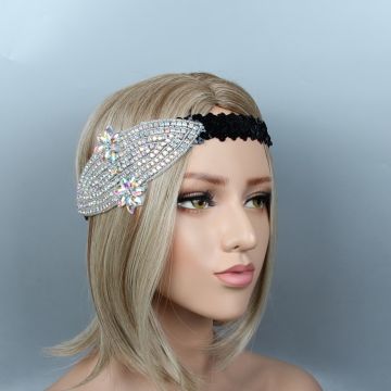 Ladies 1920s Flapper Headband - Black Elastic Art Deco Rhinestone Bandeau