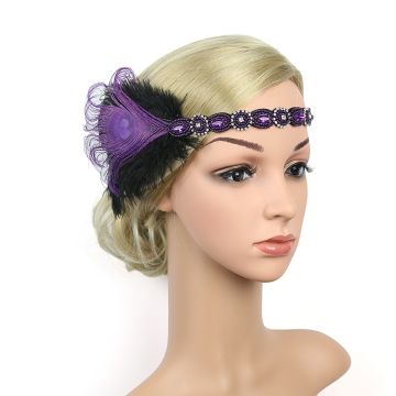 Adult Purple Flapper Headband with Feather - 1920s Gatsby Costume Accessory
