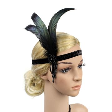 Roaring Twenties feather headband with central pearl ornament and tassel beads