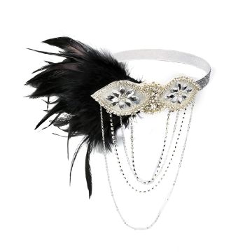 Adult 1920s Flapper Headband with Feather & Rhinestone Chain Drape