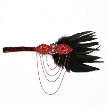 Ladies 1920s Flapper Headband with Feather - Red & Black Gatsby Headpiece
