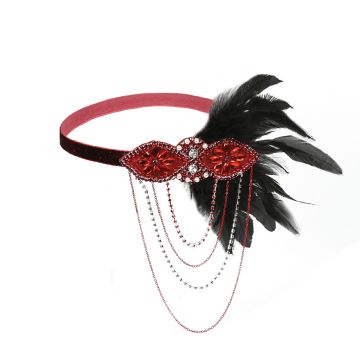 Red and black 1920s flapper headband with feather plume and beaded draping