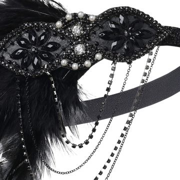 Ladies 1920s Flapper Headband - Black Beaded Art Deco Feather Headpiece