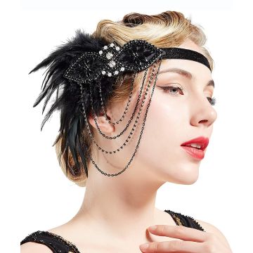 Black 1920s flapper headband with Art Deco beaded ornament and feather plume