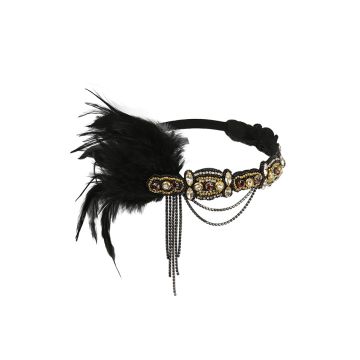 Adult 1920s Flapper Headband with Feather - Black Gold Beaded Great Gatsby Headpiece