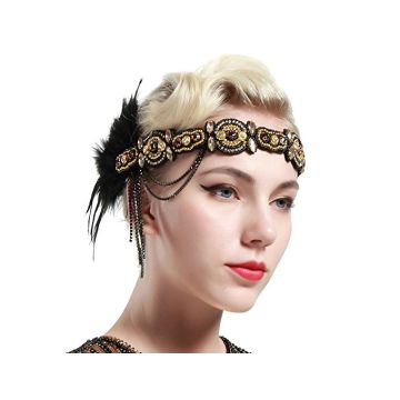 Adult 1920s Flapper Headband with Feather - Black Gold Beaded Great Gatsby Headpiece