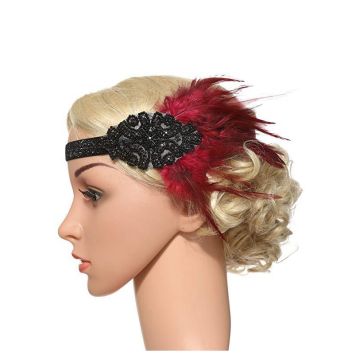 Adult 1920s Flapper Headband - Black & Burgundy Feather Art Deco Headpiece