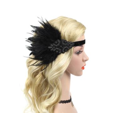 Side view of flapper headband showing feather plume and elastic band