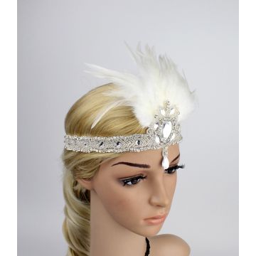 Adult 1920s Flapper Headband with White Feather and Crystal Pendant