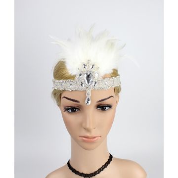 Adult 1920s Flapper Headband with White Feather and Crystal Pendant
