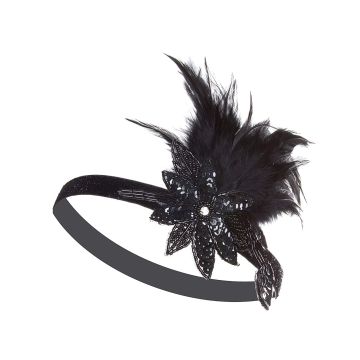 Women's 1920s Flapper Headband - Black Sequin Flower with Feather Plume