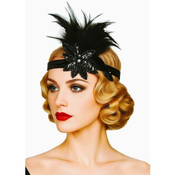 Black sequined flapper headband with large flower and feather plume worn across forehead