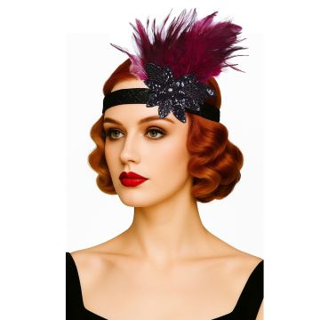 Black and burgundy 1920s flapper headband with sequined flower and feather plume
