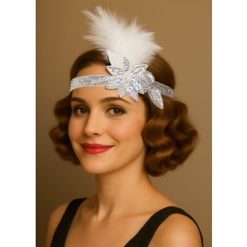White feather flapper headband with silver sequin star appliqué on elastic band