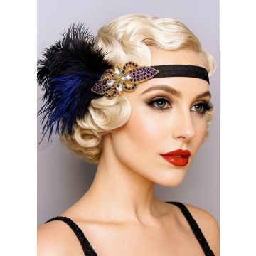 Adult 1920s Flapper Headband with Feather and Purple Crystal Beading
