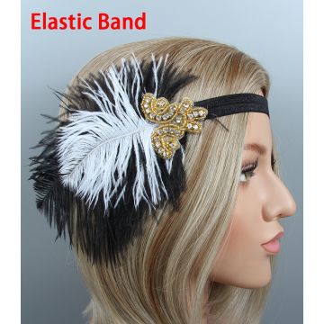 Adult 1920s flapper headband with black and white ostrich feathers and gold beaded Art Deco centerpiece