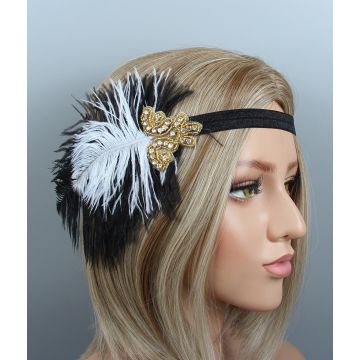 Adult 1920s Flapper Headband - Black & White Feather Gold Beaded Gatsby Accessory