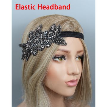 Womens 1920s Flapper Headband - Black Beaded Gatsby Headpiece with Gunmetal Leaves
