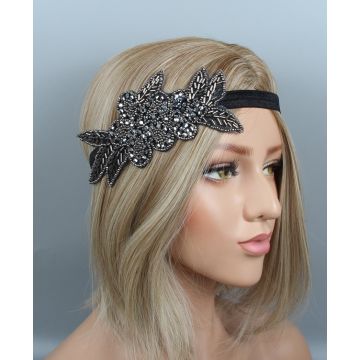 Black 1920s flapper headband with gunmetal beaded appliqué and rhinestones