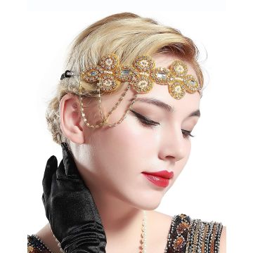 Gold 1920s flapper headpiece with rhinestone flowers and chain swags on elastic band